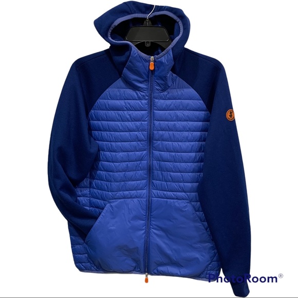Save The Duck lightweight packable hooded jacket quilted / knit sleeve blues M - Picture 1 of 8